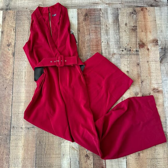 Red Julia Jordan Sleeveless Belted Jumpsuit With Wide Legs & Pockets